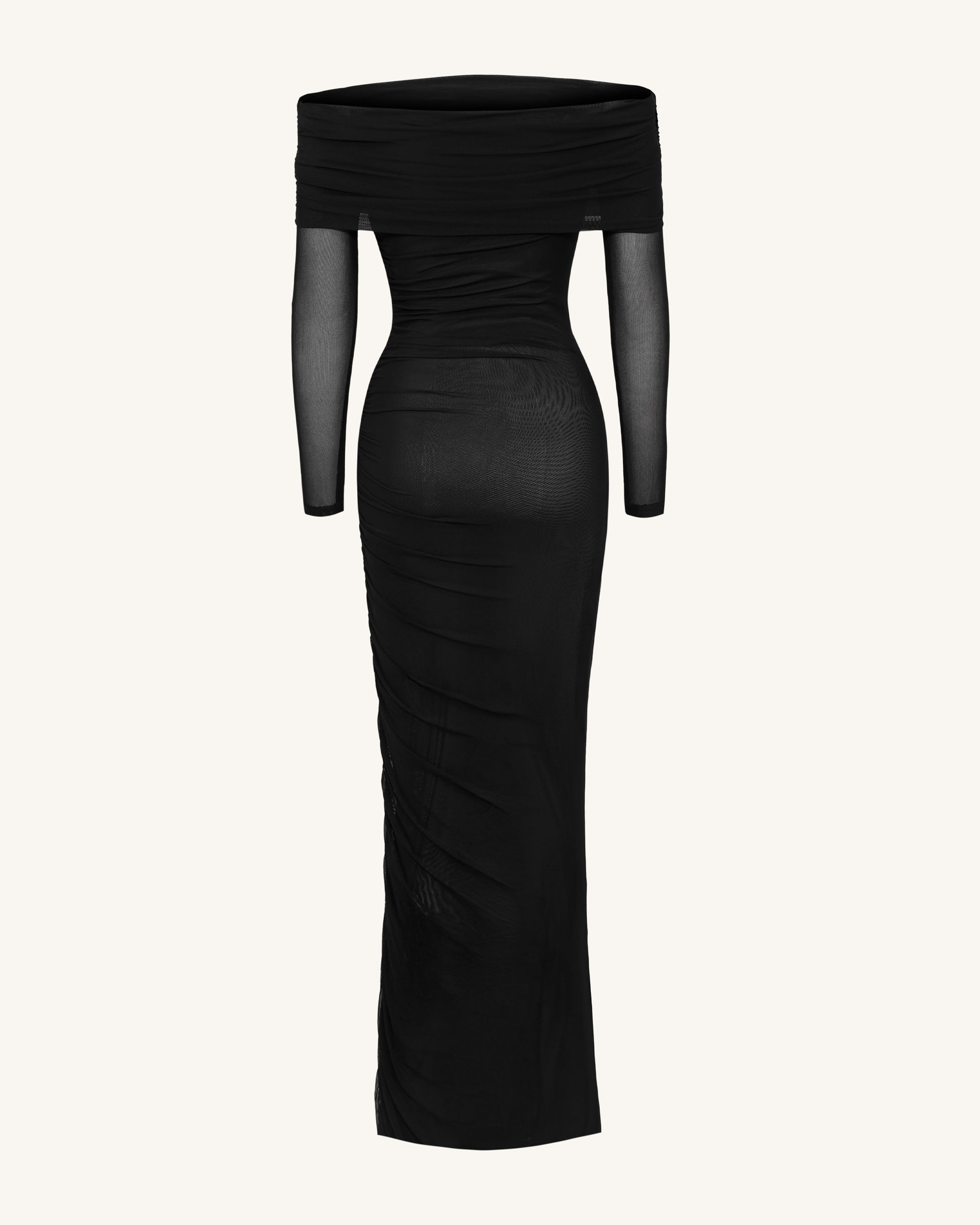 Ruched Off-Shoulder Mesh-Sleeve Mermaid Maxi Dress - Black - JW PEI UK Ruched Off-Shoulder Mesh-Sleeve Mermaid Maxi Dress - Black - JW PEI UK