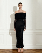 Ruched Off-Shoulder Mesh-Sleeve Mermaid Maxi Dress - Black