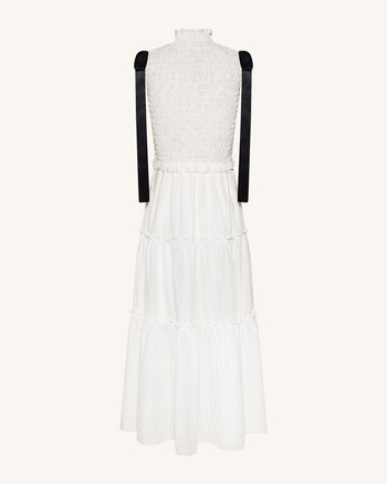 High-Neck Sleeveless Smocked Three-Tier Maxi Dress - White