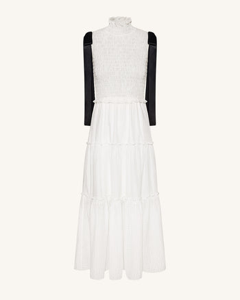 High-Neck Sleeveless Smocked Three-Tier Maxi Dress - White