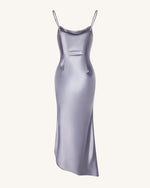 Liquid Satin Cowl-Slit Gown - Silver