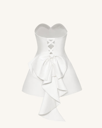 Satin Strapless Bow-Back Mini Dress - White