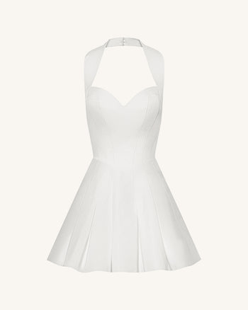 Pleated Bustier Halter Mini Dress - White