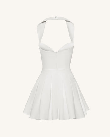 Pleated Bustier Halter Mini Dress - White