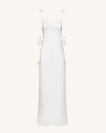Satin Strappy Maxi Dress with Floral Streamers - White
