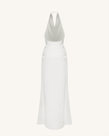 Satin Cowl Neck Ruched Maxi Gown - White