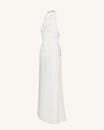 Satin Cowl Neck Ruched Maxi Gown - White