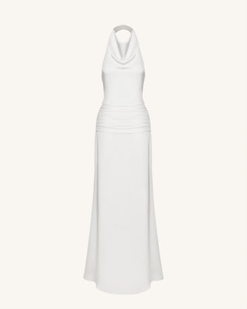 Satin Cowl Neck Ruched Maxi Gown - White