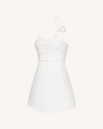 Floral Ruched Halter Mini Dress - White