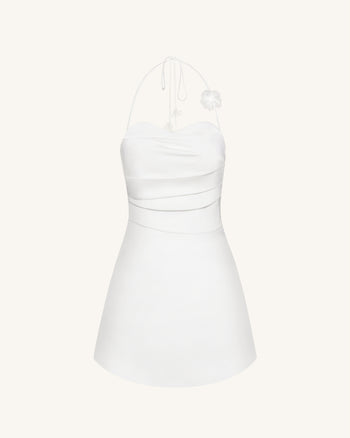 Floral Ruched Halter Mini Dress - White