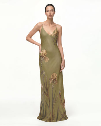 Iris Motif Satin Slip Gown - Olive Green