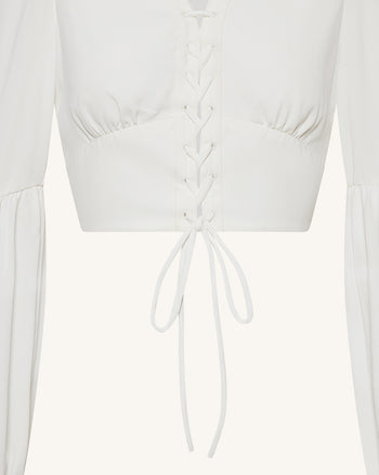Chiffon Lantern-Sleeve Tie-Front Cropped Blouse - White