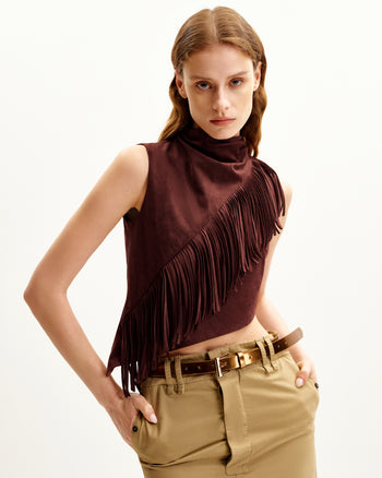 Ariana Asymmetric Fringe Sueded Top - Burgundy
