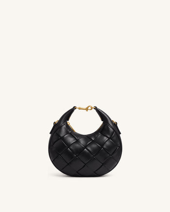 Alina Woven Crescent Top Handle Bag - Black