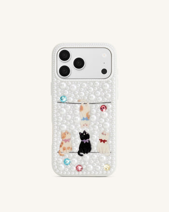 Pearl-Embellished Playful Cats Phone Case - White