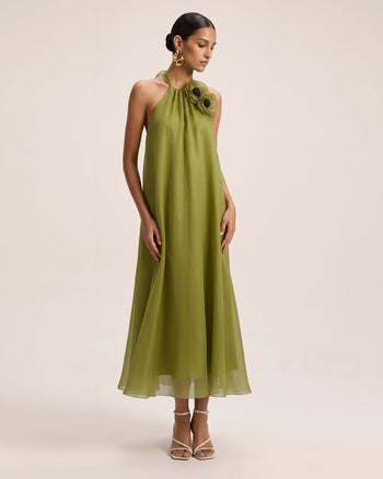 Poppy Embroidered Halter Neck Detail A-Line Midi Dress - Olive Green