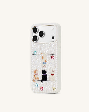 Pearl-Embellished Playful Cats Phone Case - White