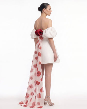 3D Floral Corn Poppy Puff-Sleeve Mini Dress with Train - Ivory