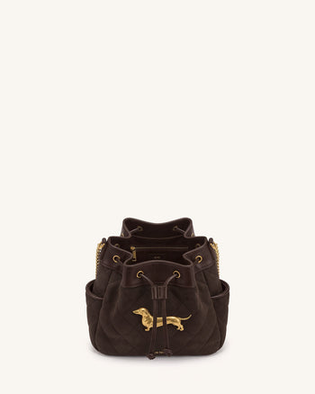 Riley Faux Suede Dachshund Quilted Bucket Bag - Brown