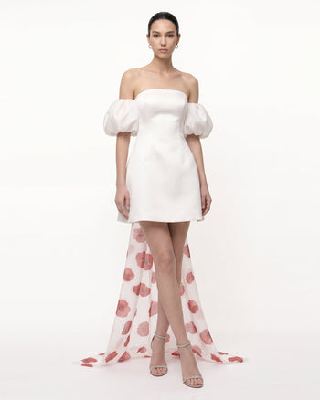 3D Floral Corn Poppy Puff-Sleeve Mini Dress with Train - Ivory