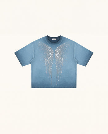 The Angelic Dripping Crystal Wings Tee - Acid Blue