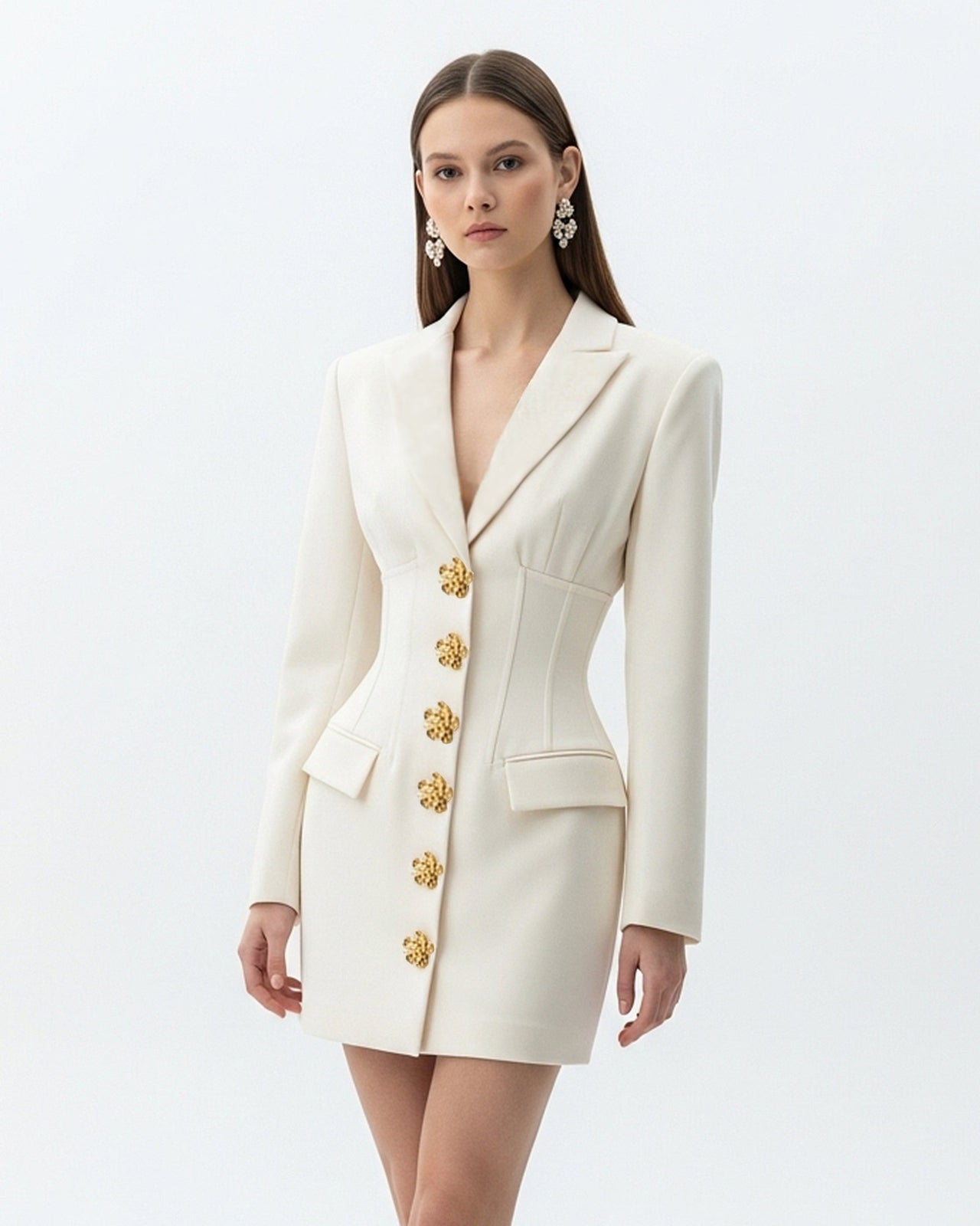 Gold Button Fitted Blazer Dress – White