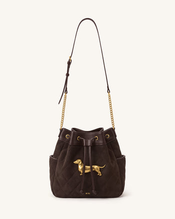 Riley Faux Suede Dachshund Quilted Bucket Bag - Brown