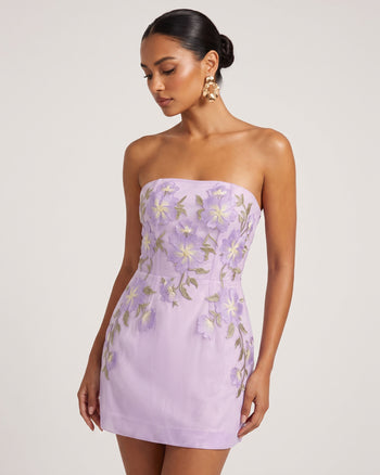 Floral Embroidered Strapless Corset Mini Dress - Light Purple