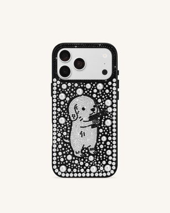 Pearl Artificial Crystal Puppy Phone Case - Black