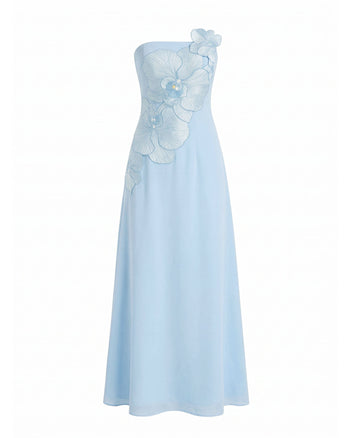 Orchid Embroidered Strapless A-Line Maxi Dress - Light Blue