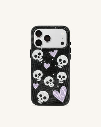 Skull And Heart Rhinestone Phone Case - Black