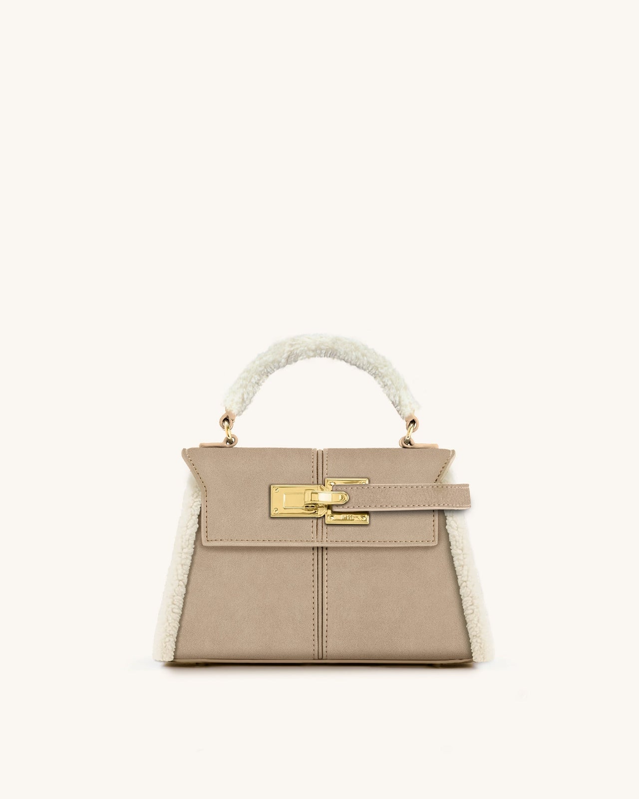 Elise Faux Suede Shearling Trim Top Handle Bag - Taupe