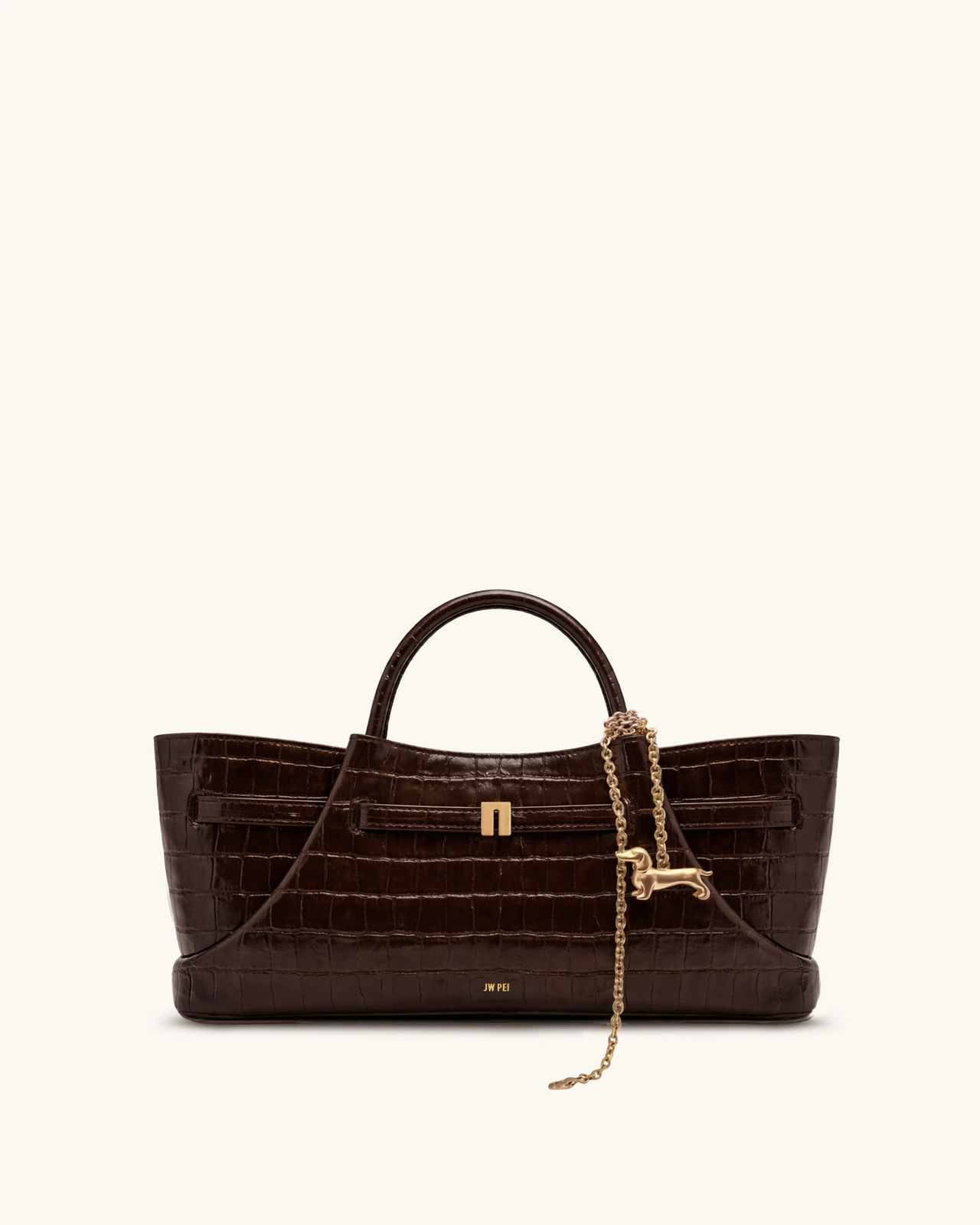 Maeve Dachshund Metal Charm Tote Bag - Dark Brown Croc