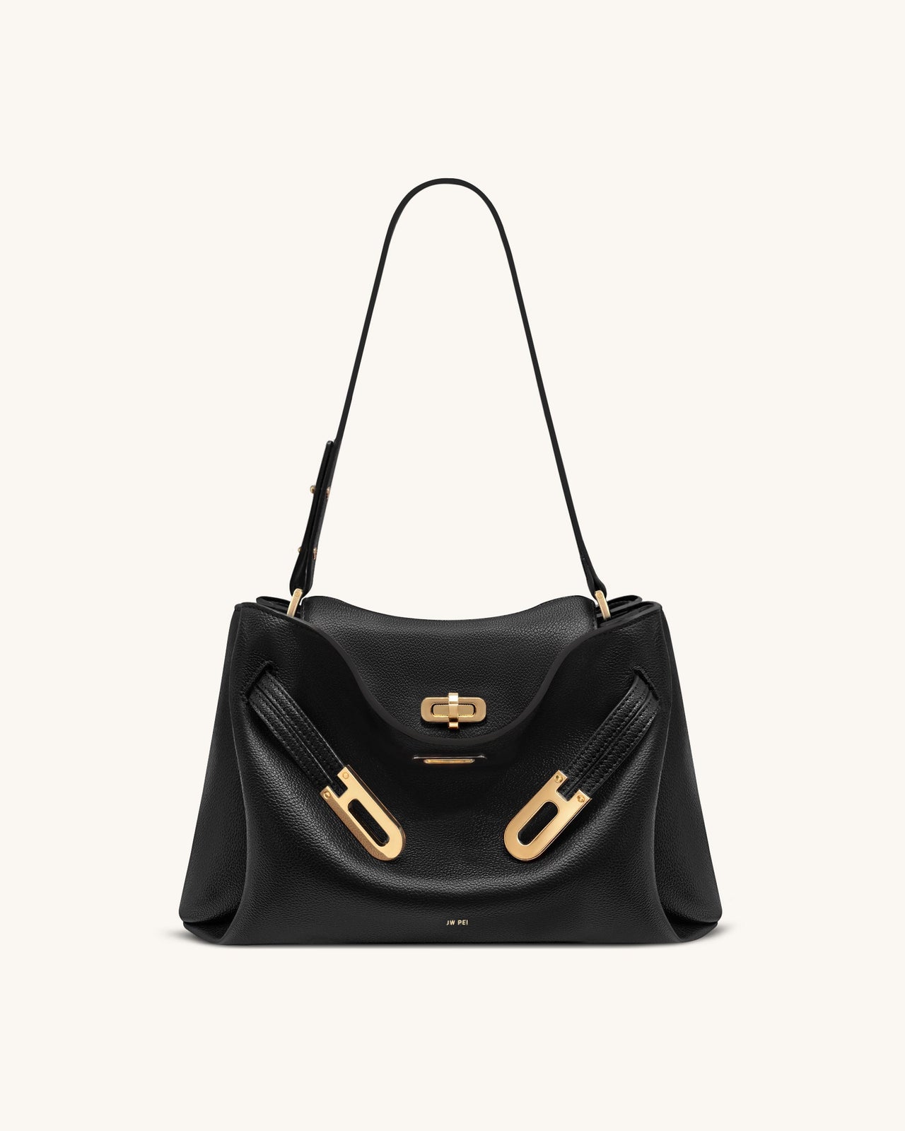 Rhea Pebbled Double Buckle Shoulder Bag - Black