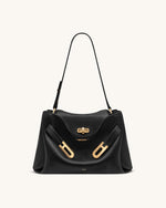 Rhea Pebbled Double Buckle Shoulder Bag - Black