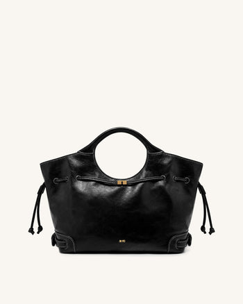 Virelle Waxed Vegan Leather Drawstring Tote Bag - Black