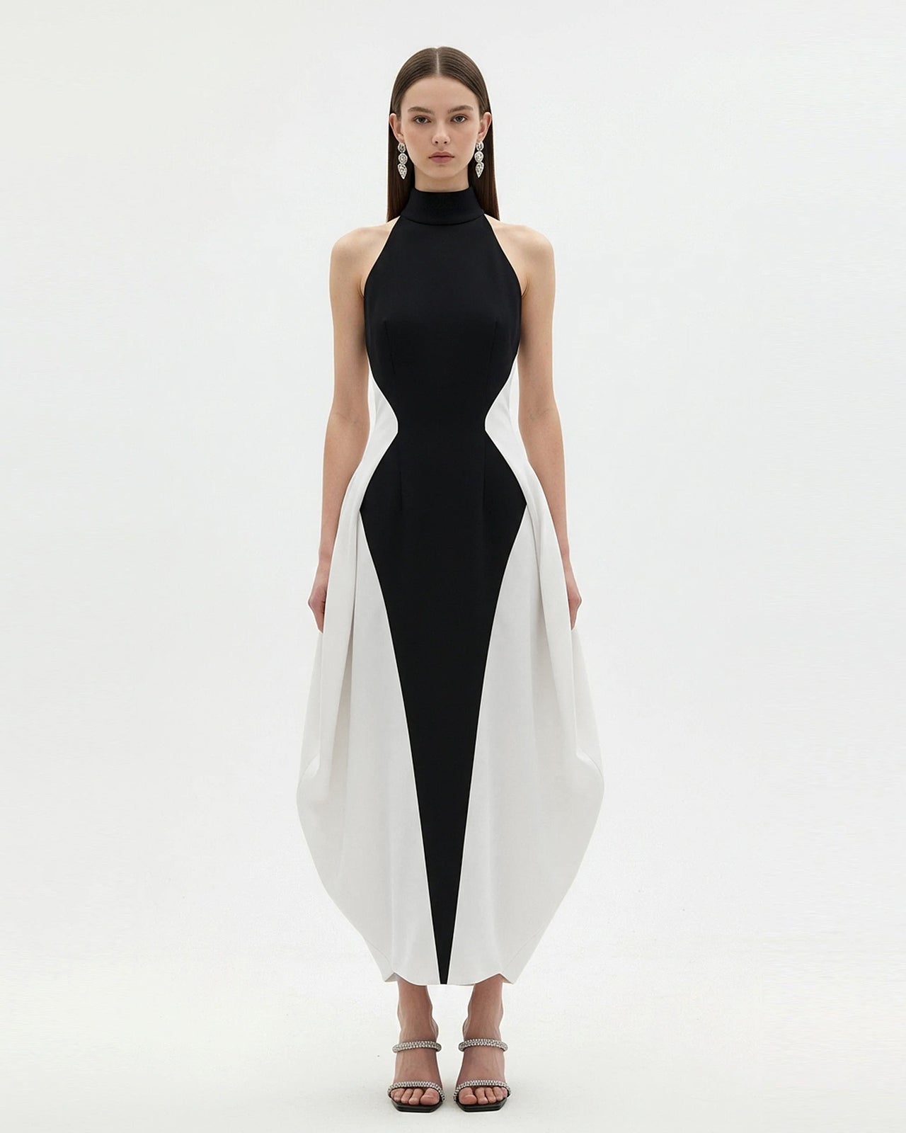 Monochrome Paneled Maxi Dress – Black
