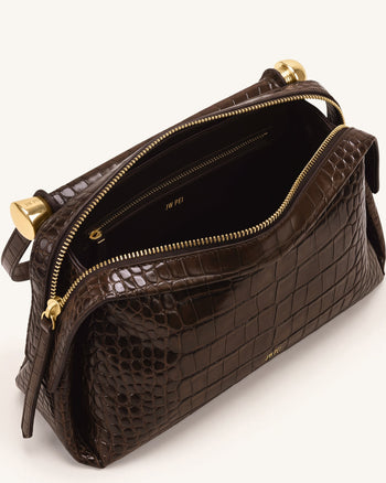 Naomi Double-Zip Shoulder Bag - Brown Croc