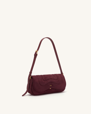 Tina Curved Quilted Faux Suede Shoulder Bag - Deep Burgundy