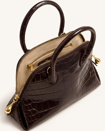 Nerina Structured Top Handle Bag - Dark Brown Croc