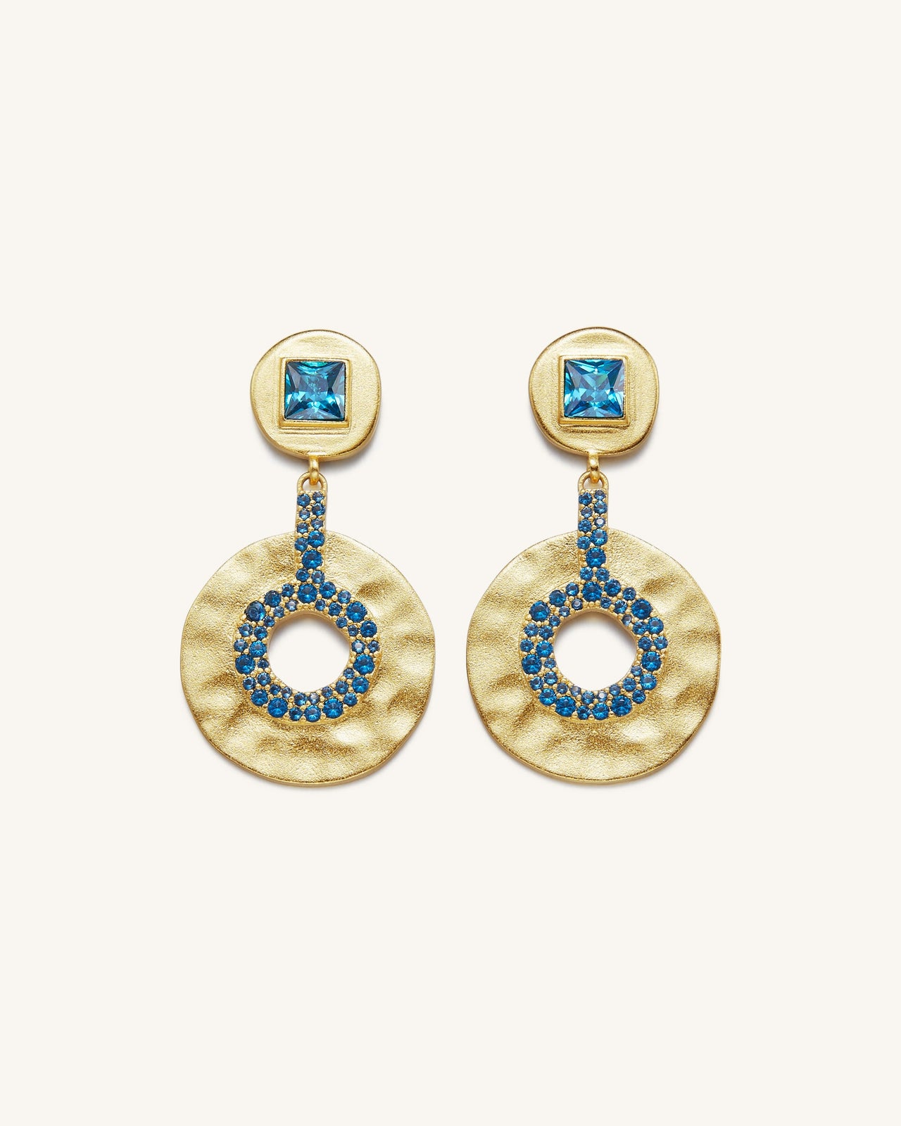 Geometrical Openwork Small Round Earrings- 18ct Gold Plated & Deep Sea Blue Zircon