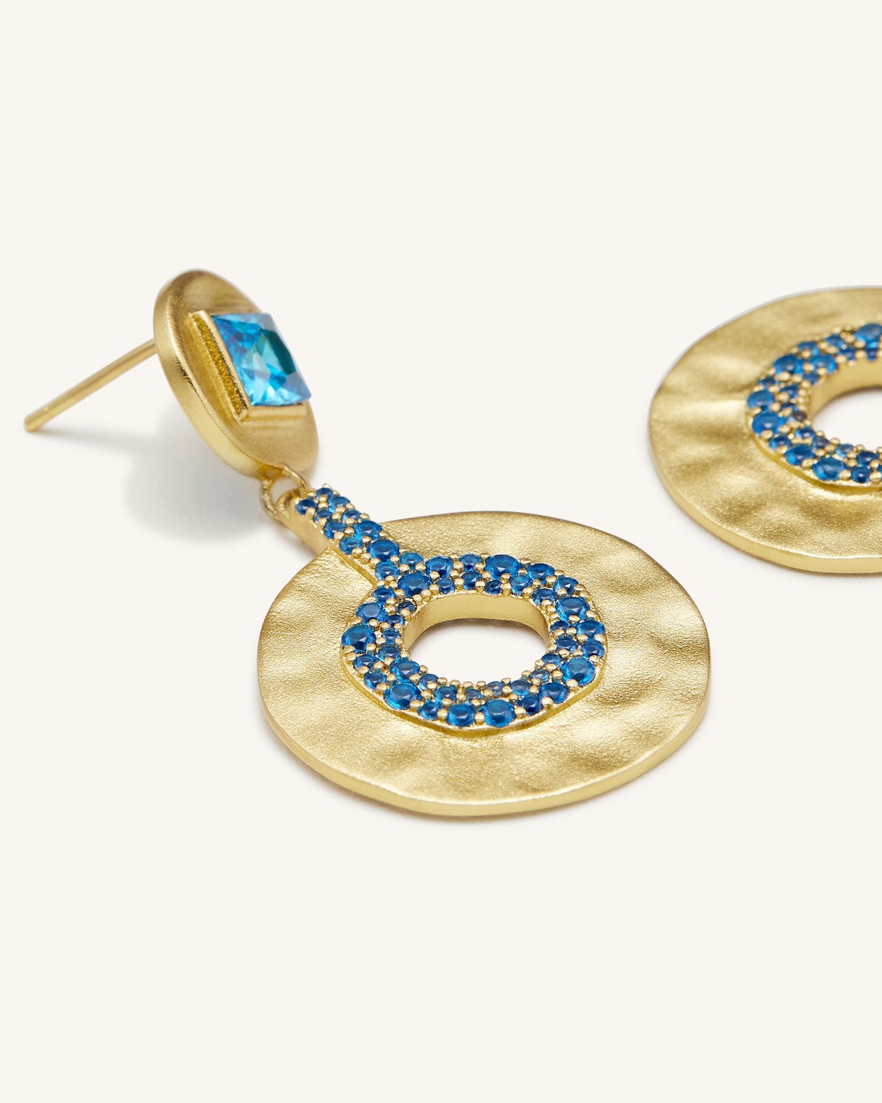 Geometrical Openwork Small Round Earrings- 18ct Gold Plated & Deep Sea Blue Zircon