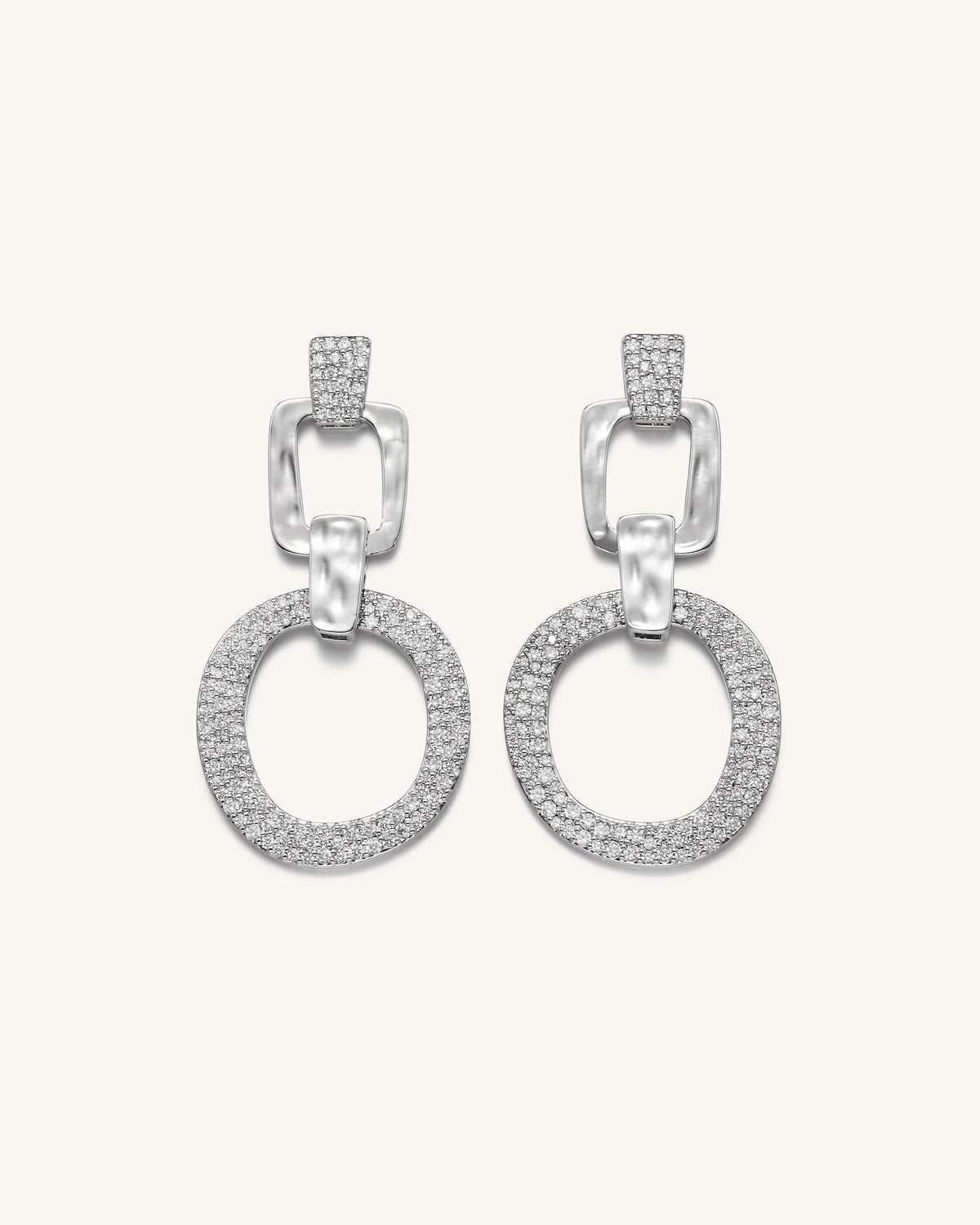 Geometrical Openwork Round Earrings 18ct White Gold Plated & White Zircon