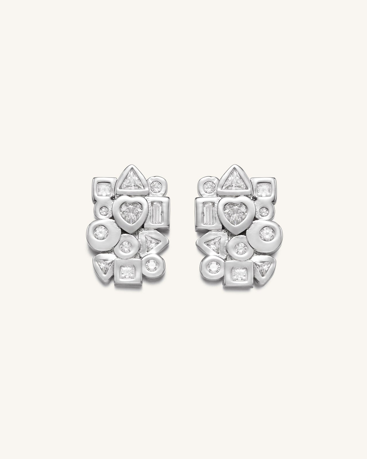 Geometrical Combination Earrings - 18ct White Gold Plated & White Zircon