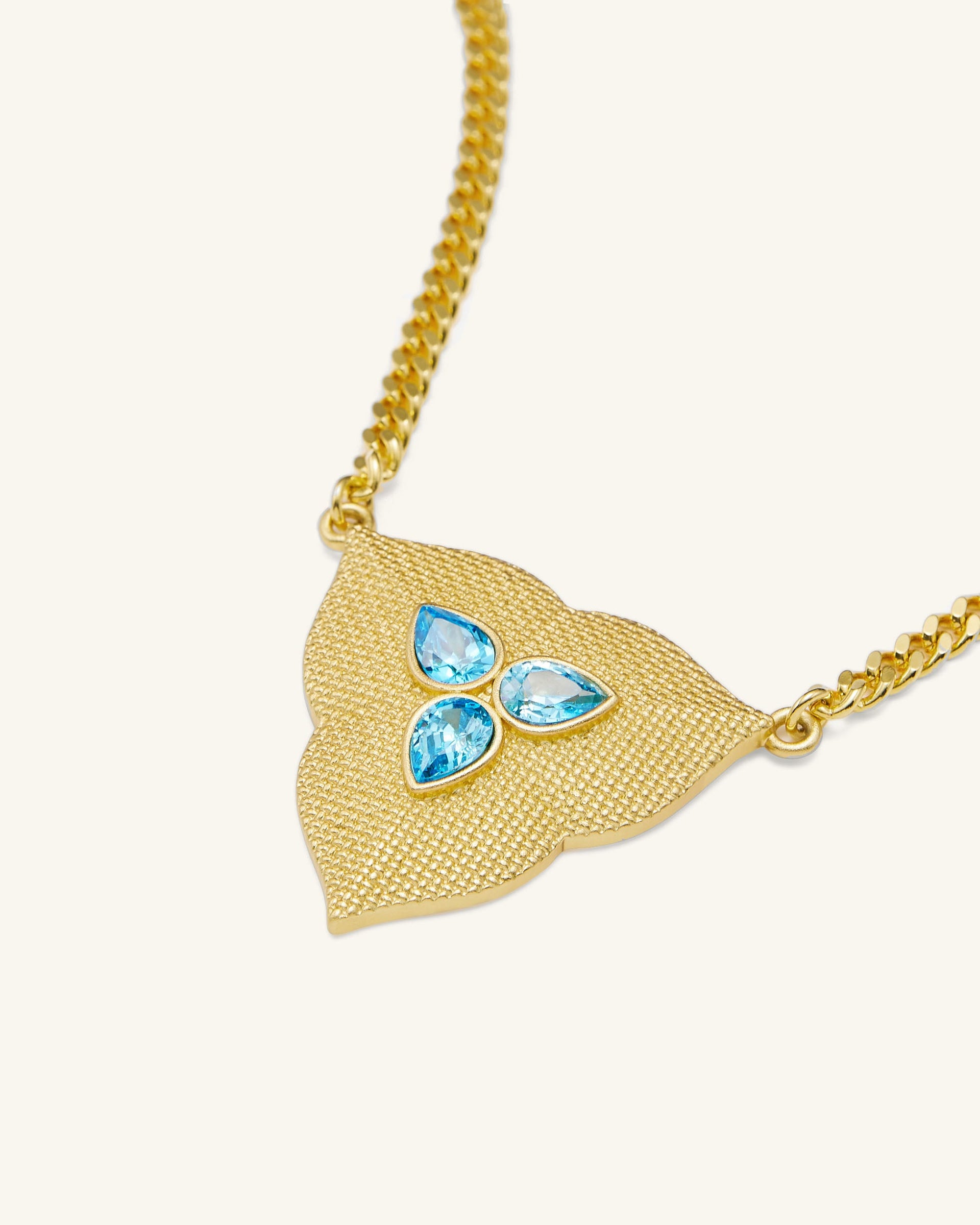 Leaf Pendant Necklace 18ct Plated & Aquamarine Zircon